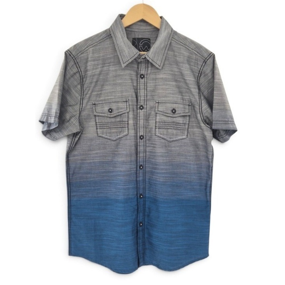 Warehouse One Button Down Shirt Mens Medium Blue Grey Ombre Short Sleeve Coastal